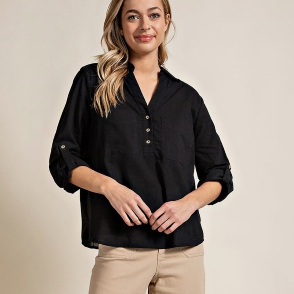 ee:Some 3/4 Sleeve Button Down Top Black‎ Sz L - Picture 2 of 8